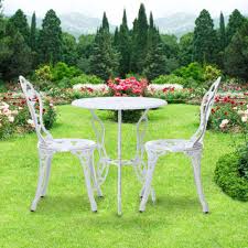 White Ikayaa Patio Outdoor Bistro 3pcs Iron Aluminum Cafe Table Chairs Set Lovdock Com Outdoor Patio Set Garden Patio Furniture Garden Table And Chairs