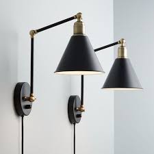 360 Lighting Modern Wall Lamp Plug In Set Of 2 Black And Antique Brass For Bedroom Reading Living Room Walmart Com Plug In Wall Lamp Modern Wall Lamp Swing Arm Wall Lamps