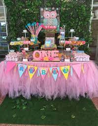 The printable owl birthday party decorations are available in my shop. Owl Themed First Birthday Party Teal Pink And Yellow Candy Buffet Owl Shaped Ca Owl Birthday Parties Owl Themed Birthday Party 1st Birthday Party For Girls