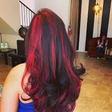 Split the hair down the middle and dye one side a bright scarlett and the other side a raven black or rich navy blue. Black Red Hair Hair Color Streaks Hair Styles Aesthetic Hair