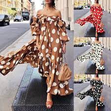 Women Fashion Polka Dot Printed Dress Cold Shoulder Lace Ruffle Bow Dress Waterstrty Br Shopee Brasil