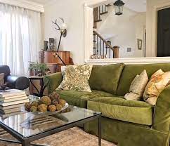 Living Room With Moss Green Velvet Couch Vintage Tulu Rug Layered Over Jute Carpet Benjamin Green Sofa Living Room Living Room Green Green Living Room Decor