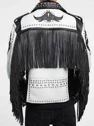Black And White Jacket Mens Handmade Black White Jacket Silver Studded Fringe Zip Leather Jacket Men S In 2020 Studded Leather Jacket Stylish Leather Jacket Black And White Jacket