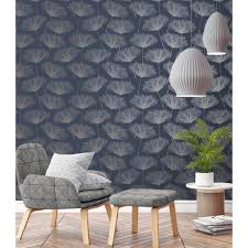 Blue and silver wallpaper for living room. Holden Glistening Metallic Fleur Floral Dandelion Wallpaper Navy Blue Silver 12922