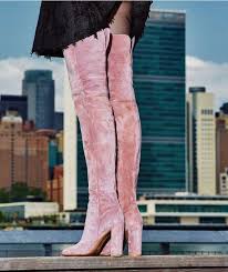 Pink Velvet Wide Calf Boots Women Chunky Heels Winter Over The Knee Thigh High Boots Pointed Toe Slim Fit Ladies Runway Boots Buy At The Price Of 91 19 In Aliexpress Com
