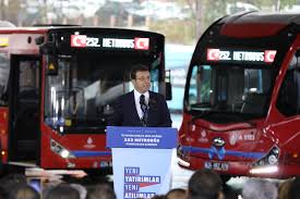 Ekrem İmamoğlu speaks at the inauguration ceremony for newly added metrobuses to the Istanbul Municipality fleet, December 4, 2023. (Photo via IETT website)
