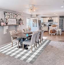 So i headed to houzz to see if i could find examples of dining rooms with hardwood floors and no area rugs. Amazon Com Earthall Gray Buffalo Plaid Rugs 5 5 X7 5 Grey And White Area Rug Cotton Hand Woven Checkered Area Rug Washable Outdoor Rug Farmhouse Living Room Dining Room Bedroom Carpet 67 X90 Home Kitchen