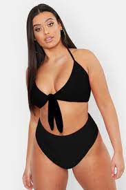 Plus Tie Front High Waist Bikini Set Boohoo In 2021 High Waisted Bikini Womens Swimsuits Bikini Plus Size Bikini