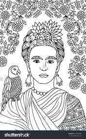 Hand Drawn Portrait Of Frida Kahlo With Floral Background Flowers In Her Hair And A Parrot On Her Shou Hand Drawn Portraits How To Draw Hands Kahlo Paintings