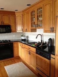 Subway Tile Backsplash With Oak Cabinets Google Search In 2020 Kitchen Tile Backsplash With Oak Trendy Kitchen Tile Honey Oak Cabinets