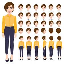 Cartoon Character With Business Woman In Smart Shirt For Animation Front Side Back 3 4 View Character Separate Parts Of Body Business Women Smart Shirts Cartoon Characters