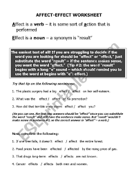 Contrast the usage of 'affect' (influence) and 'effect' (result); Affect Vs Effect Esl Worksheet By K Newray