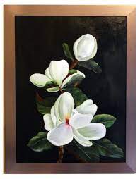 A Striking Original Oil Painting Of Elegant Magnolia Blossoms And Buds The Dark Background Enhances The Off White O Painting Oil Painting Framed Oil Painting