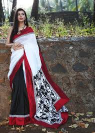 Black And Red Combination Designer Saree Combination Of Black And White Chanderi With Buddha Print On Pallu And Saree Designs Indian Outfits Indian Fashion