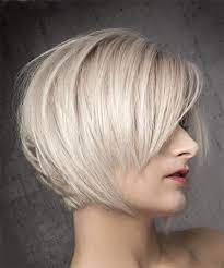 Short Straight Light Ash Blonde Bob Haircut With Side Swept Bangs Straight Bob Hairstyles Short Straight Bob Hairstyles Blonde Bob Haircut