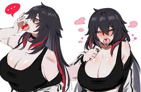 Rule 34 Dev - ... 1girl absurdres bare_shoulders black_hair blush breasts  cherry cleavage commentary food fruit hair_between_eyes highres jacket k_( kuayrenaiz) kurenaiz_(kuayrenaiz) large_breasts long_hair long_tongue  looking_at_viewer messy_hair mole ...