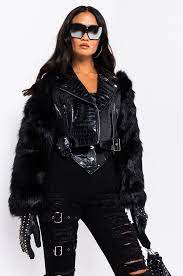 Azalea Wang Nola Faux Fur Sleeve Croc Body Moto Jacket In Color Green Black Moto Jacket Jackets White Skinny Jeans