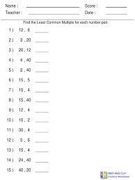 Printable fraction games and printable worksheets; Least Common Multiple Arithmetic Elementary Mathematics