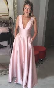 Deep V Neck Floor Length Pink Satin Prom Dress With Prom Promdress Dress Eveningdress Evening Simple Prom Dress A Line Prom Dresses Elegant Prom Dresses
