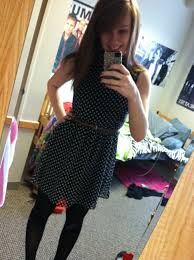 Black And White Polka Dot Dress With Black Tights Black Dress With White Polka Dots Black Tights And Brown Belt Smiles All Around Black Tights Brown Belt Dresses