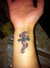 Cross wrist tattoo with believe design. 35 Christian Tattoos On Wrist