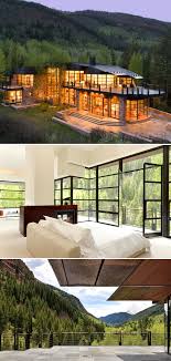 Modern Home Design With Steel Windows Glass Wall And Stunning Views Of The Snow Capped Mountain And Rivers Exp Glass House Design House Exterior Unique Houses
