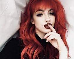 Red Wig Long Curly Wine Red Hair Side Bangs Wig Dark Red Etsy Red Orange Hair Hair Color Orange Red Hair Makeup