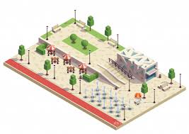 Modern outdoor furniture, like tables, chairs, chaise lounges, and sofas are a great way to relax in style and comfort. Free Vector City Park Infrastructure Facilities Isometric Composition With Dry Fountains Outdoor Cafe Furniture Modern Public Building