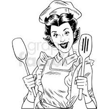 Black And White Woman Clipart Black White Vintage Female Chef Cooking Dinner Vector Clipart Royalty Free Clipart 412543 In 2020 Black White Vintage Clip Art White Vintage