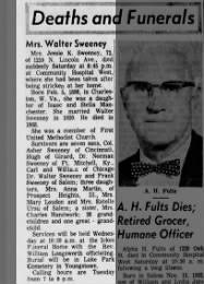 Obituary: Jessie Kidd Sweeney, The Salem News 31 August 1970