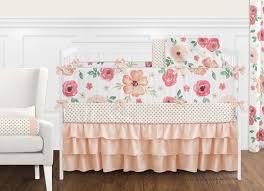 Peach And Green Watercolor Floral 9 Piece Crib Bedding Collection