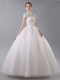 Ball Gown High Neck Short Sleeve Corset Open Back Crystal Beaded Lace Flowers White Wedding Dress Short Sleeve Wedding Dress High Neck Wedding Gown Wedding Dresses