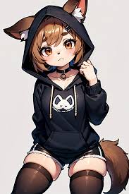 Typh mimi, dog girl, latte color fur, short hair, choker, black sweatshirt  - SeaArt AI