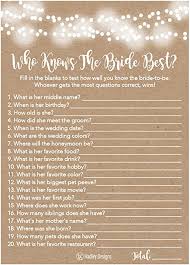 Players are given the bridal shower trivia card and a pen and they are required to answer the trivia questions correctly. Amazon Com 25 Kraft Rustic How Well Do You Know The Bride Bridal Wedding Shower Or Bachelorette Party Game Who Knows The Bride Best Does The Groom Couples Guessing Question Set Of Cards