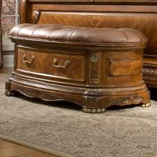 All pieces have hidden pull out shelves, cabinets, and drawers that can be seen in the pictures. Michael Amini Cortina Honey Walnut Upholstered Flip Top Storage Bench Reviews Wayfair