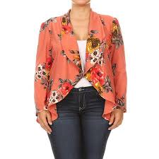 Moa Collection Womens Plus Size Solid Print Casual Long Sleeve Open Front Jacket Blazer Made In Usa