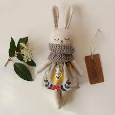 Bunny Doll With Gray Dress And Yellow Scarf Organic Stuffed Etsy Bunny Doll Doll Crafts Animal Sewing Patterns