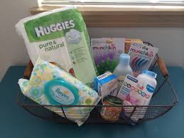 A basket with inexpensive but necessary baby items, such as spoons, nail clippers, a bottle, diaper rash cream, diapers, pacifiers, a bath toy, and bibs. Baby Shower Games And Goodies The Petite Stag