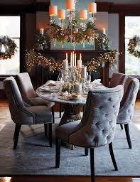 Glam Holiday Table Setting Candle Centerpiece Christmas Mantle Decorations Round Dining Room Dining Room Table Centerpieces Tufted Dining Chairs