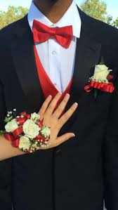 Black And Red Prom Tux French Nails Black Tux Red Vest Prom Corsage Red Red Tux Prom Prom Corsage And Boutonniere