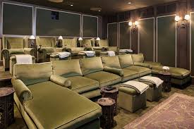 Beautiful Olive Green Media Room Home Movie Theater Decor With Green Velvet Sectional Home Cinema Room At Home Movie Theater Media Room Furniture