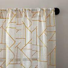 Archaeo Jigsaw Embroidery Linen Rod Pocket Window Curtain Panel Bed Bath Beyond Geometric Curtains Geometric Embroidery Gold Curtains Living Room