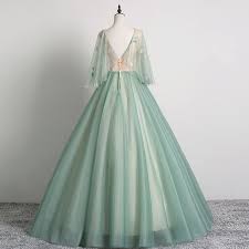 Elegant Sage Green Prom Dresses 2019 Ball Gown V Neck Lace Flower 1 2 Sleeves Backless Floor Length Long Formal Dresses Green Prom Dress Ball Gowns Formal Dresses Long
