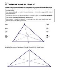 C on c urre nc y of m e di ans of a t ri a ng lethe medians of a triangle intersect at a b point that is two thirds of the distance from d each vertex to the midpoint of the opposite side. Medians And Altitudes Of Triangles Worksheets Teaching Resources Tpt