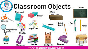Classroom Objects Names And Pictures Stapner Sharpener Scissors Ruler Pencil Paper Clip Palette Paint Brush Notebo English Study Antonyms Words List Classroom