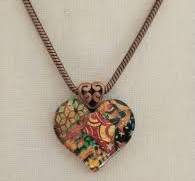 Art Foil Glass Heart Pendant Signed by Artist Heavy 20" Adjustable Copper  Chain