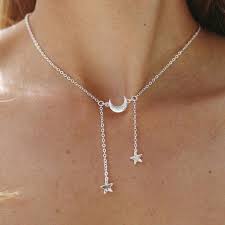 Beta Unique Star Dangle Moon Pendant Choker Necklace Silver Necklace Silver Diamond Necklace Long Silver Necklace