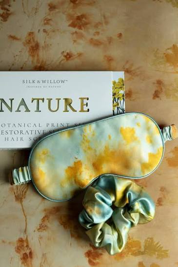 Silk & Willow 100% Pure Mulberry Silk Sleep Eye Mask & Hair Scrunchie Gift  Set (Teal Marigold) - Teal Marigold