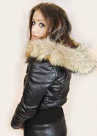 Jessimara Black Leather Puffer Bomber Coat With Raccoon Fur Trim Leather Jacket With Hood Leather Jackets Women Bomber Coat