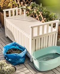 A White Bench With Storage A Plastic Tub Filled With Rain Water And A Blue Ikea Bag Filled With Compost Sit Rooftop Garden Ikea Garden Rain Water Collection